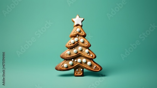 Tasty Cookie in shape of Christmas tree on color background