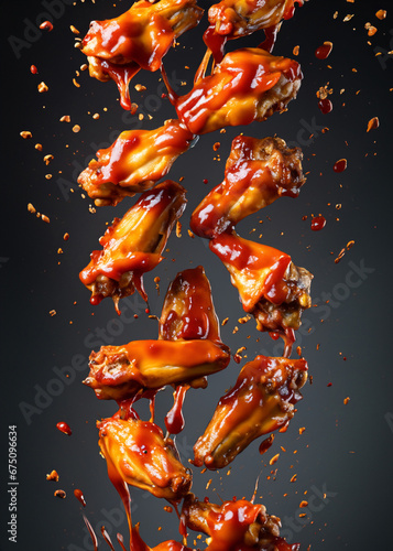 Crispy Chicken Wings in Motion Falling Tossed in Hot Sauce Splashing