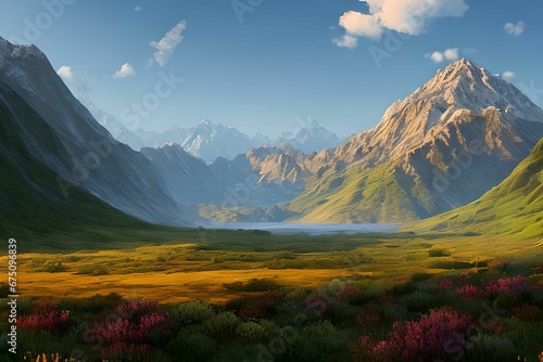 AI generated illustration of mountains on a sunny morning