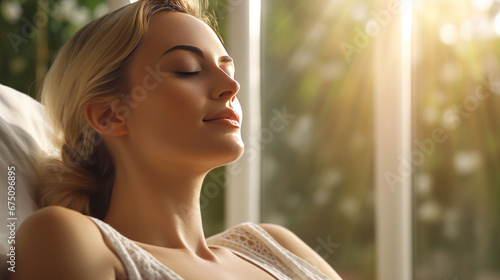A beautiful woman engaging in a relaxation technique, such as progressive muscle relaxation.