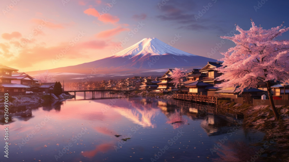 Beautiful japanese village town in the morning. buddhist temple shinto at sea river, cherry blossom sakura growing, mount fuji in background. - obrazy, fototapety, plakaty 