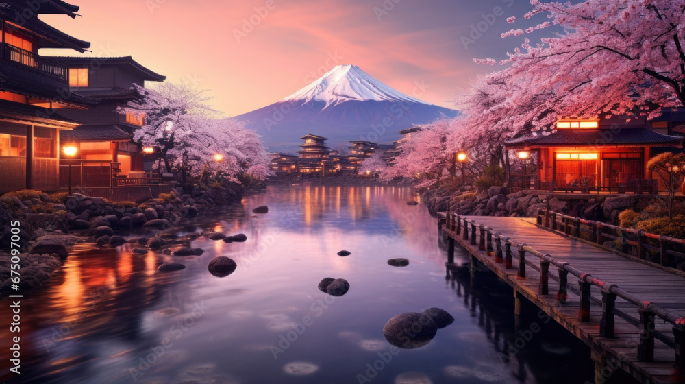 custom made wallpaper toronto digitalBeautiful japanese village town in the morning. buddhist temple shinto at sea river, cherry blossom sakura growing, mount fuji in background.