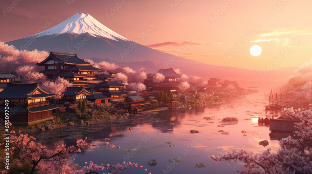 Beautiful japanese village town in the morning. buddhist temple shinto at sea river, cherry blossom sakura growing, mount fuji in background. - obrazy, fototapety, plakaty 