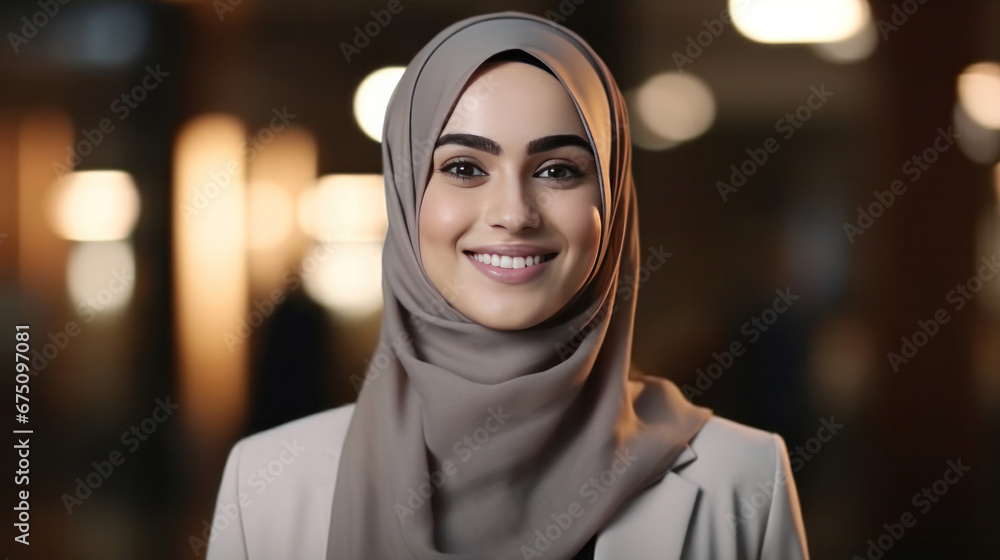 Portrait of smiling muslim female CEO or chief executive officer running a large corporation as boss. Portrait of smiling muslim female CEO or chief executive officer running a large corporation as boss.