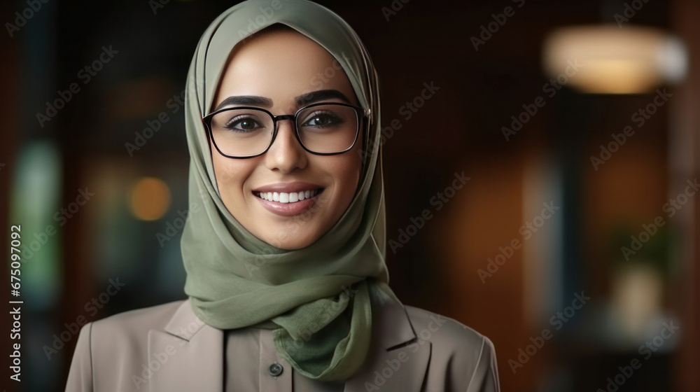 Portrait of smiling muslim female CEO or chief executive officer running a large corporation as boss. Portrait of smiling muslim female CEO or chief executive officer running a large corporation as boss.