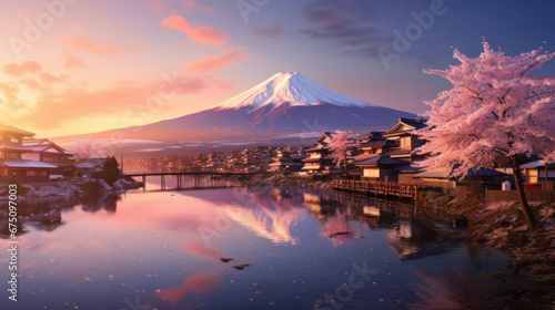 Beautiful japanese village town in the morning. buddhist temple shinto at sea river  cherry blossom sakura growing  mount fuji in background.
