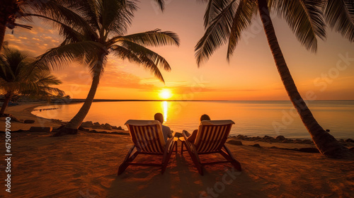 Couple resting together on sun loungers during beach vacations on a tropical island.