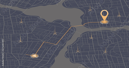 Dashboard with satellite, location and roadmap for navigation. Big data in modern city. Abstract city. Futuristic gps map navigator system, direction path, location tracks dashboard. Vector