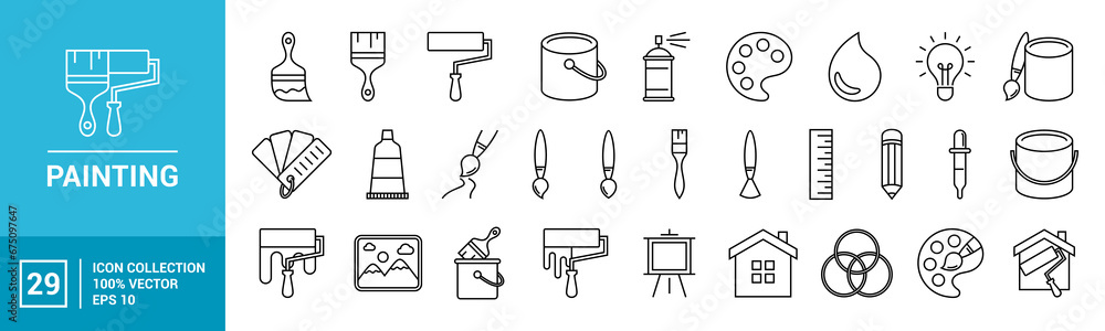 Collection of painting related icons, various painting tools, paint icons ,vector icon template editable and resizable EPS 10 - obrazy, fototapety, plakaty 