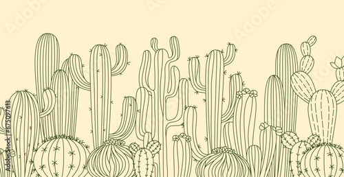 Cactus horizontal poster or background. Botanical doodle ornament succulent desert plants. Exotic western mexico linear cacti. Trendy cartoon outline pattern with cactus vector illustration isolated