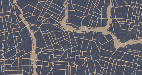 Abstract transportation background. City top view. View from above the map buildings. View from above the map buildings. Detailed view of city. Decorative graphic tourist map. Vector, illustration.