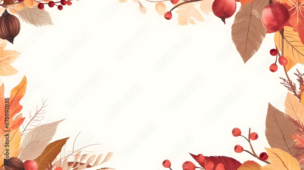 Autumn, Thanksgiving and Harvest Day frame with hand drawn colorful leaves, berries, acorns. Fall seasonal background with cozy elements. Vector illustration. Autumn, Thanksgiving and Harvest Day frame with hand drawn colorful leaves, berries, acorns. Fall seasonal background with cozy elements. Vector illustration.