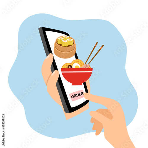 Asian food delivery online on mobile phone. Shopping online. Online food order.