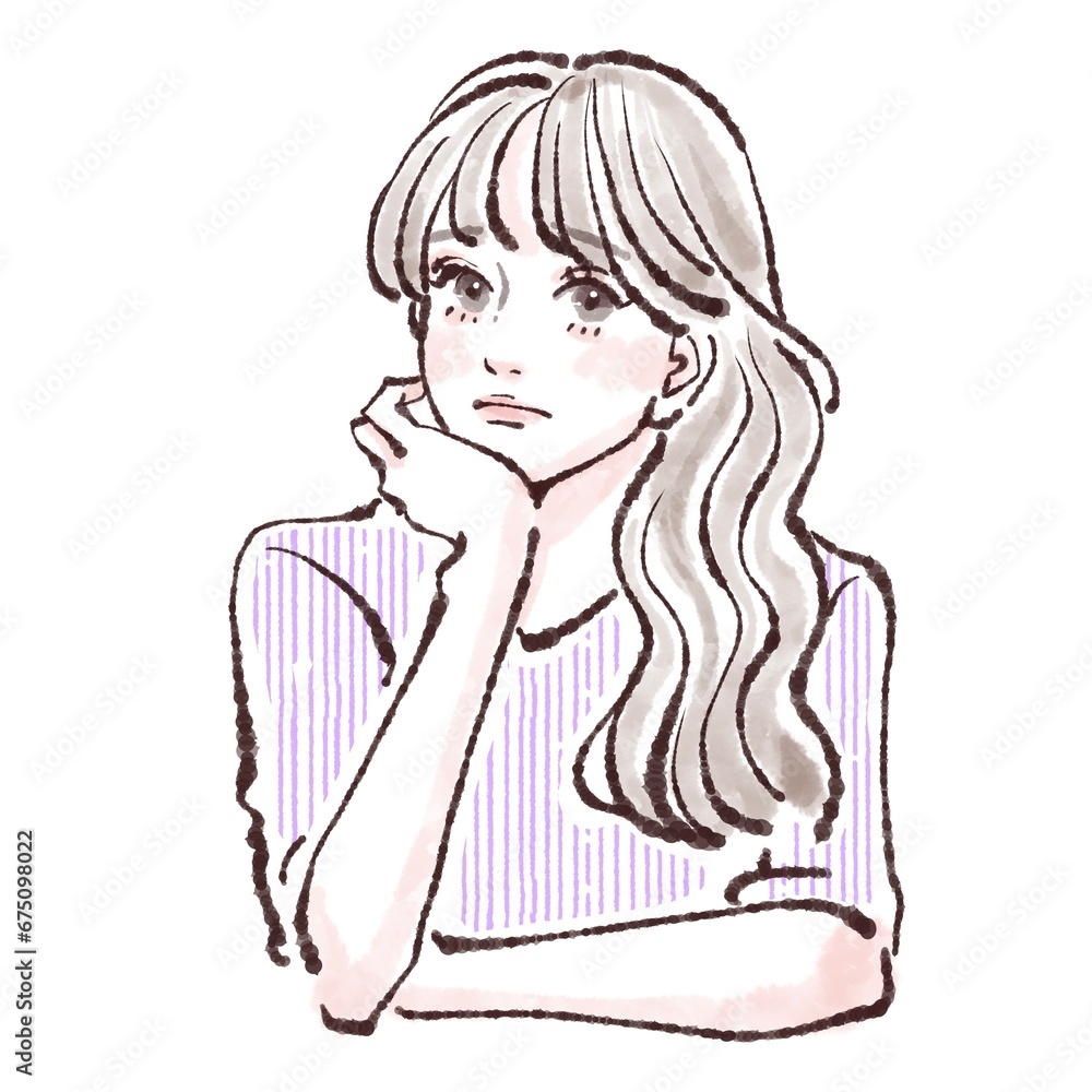 考える/困る/悩む/うーん/どうしよう/不安/相談/悩み/迷い/迷う/頬杖をつく女性 考える/困る/悩む/うーん/どうしよう/不安/相談/悩み/迷い/迷う/頬杖をつく女性