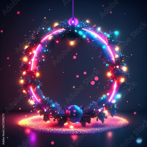 3d render. Abstract geometric background of neon linear ring glowing dark in christmas