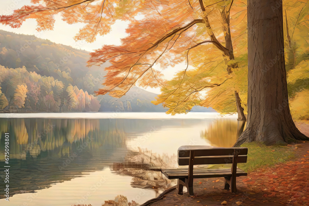 Tranquil Lake Scene Autumn Afternoon Realistic Photography