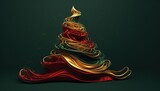 christmas tree tangled distorted wave shapes, red green and gold on a green background