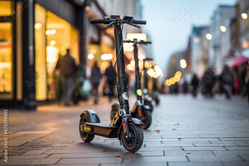 electric scooter in the city landscape, standing on the road photo