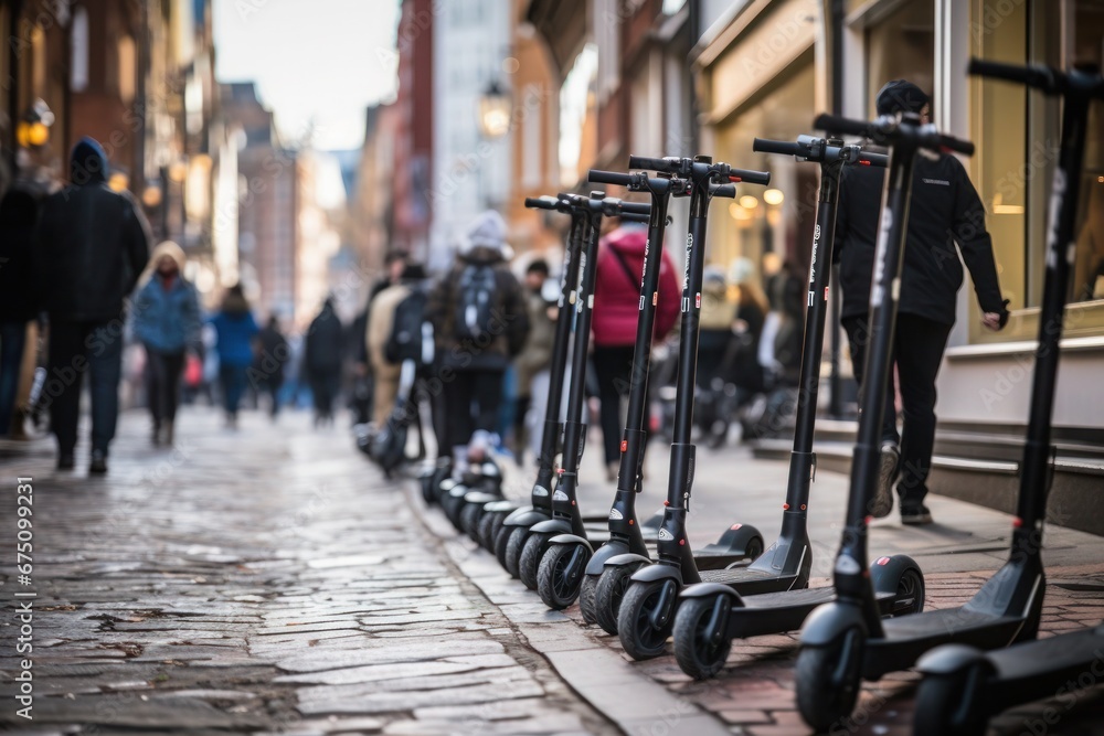 Fototapeta premium Electric scooters are lined up in a row along a cobblestone road in the city, with people walking in the distance.