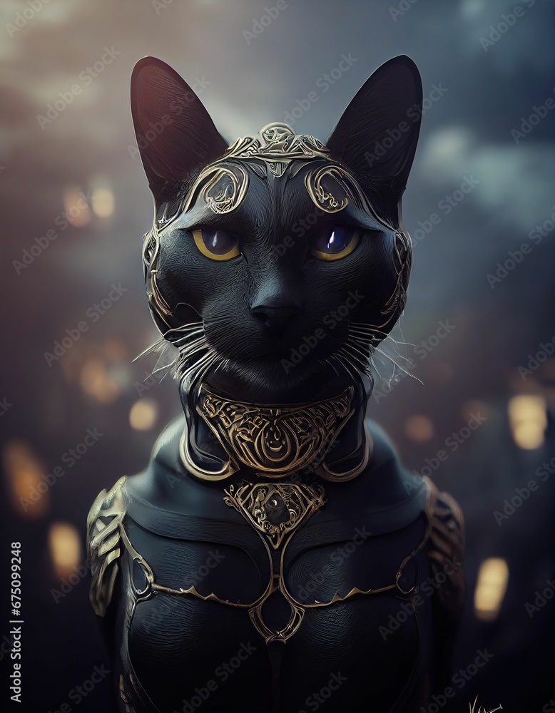 AI generated illustration of a black cat in armor with yellow eyes on ...