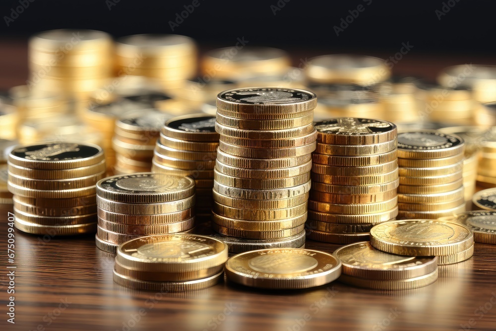 A pile of stacked coins with a blurred background, suggesting the concept of wealth or financial growth in an indistinct context. Photorealistic illustration A pile of stacked coins with a blurred background, suggesting the concept of wealth or financial growth in an indistinct context. Photorealistic illustration