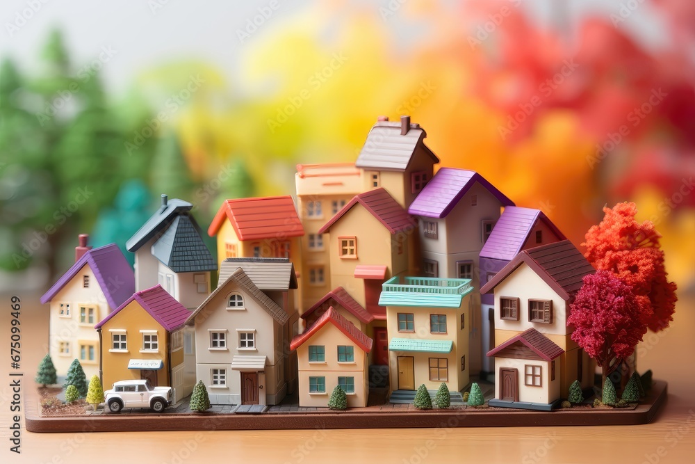 A cluster of colorful miniature houses with a blurred background, giving an abstract and artistic touch to the scene. Photorealistic illustration