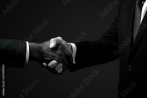 Two businessmen in suits shaking hands against a black background, symbolizing a formal and significant agreement or deal. Photorealistic illustration