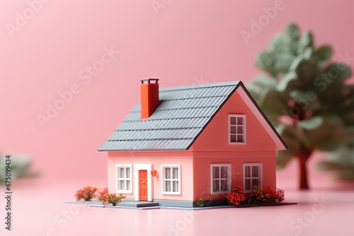 A pink-hued miniature model home set against a matching pink background, creating a monochromatic and visually cohesive composition. Photorealistic illustration © DIMENSIONS