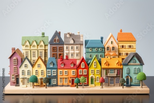 An assortment of colorful miniature houses arranged on a wooden base, offering a charming and vibrant display. Photorealistic illustration