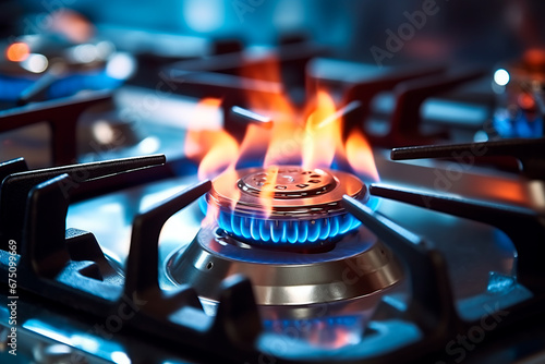 Closeup of blue flames burning on a kitchen gas stove, capturing the natural beauty of the flame with selective focus. Bright image.