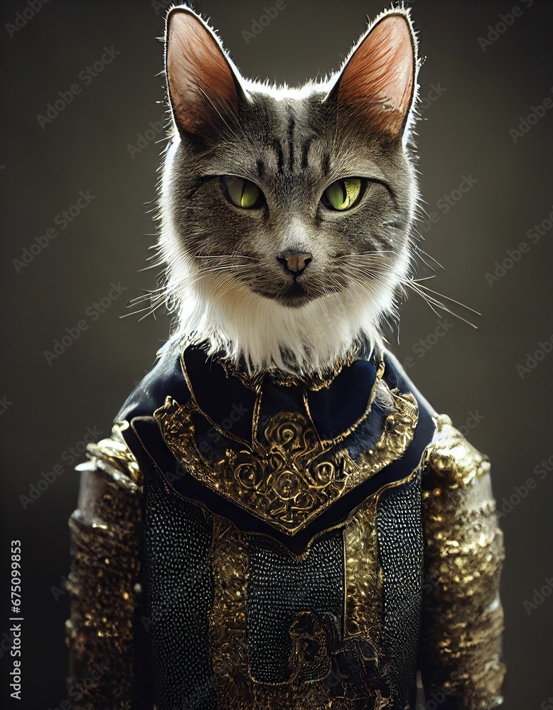 AI generated illustration of a cat in an armor isolated on empty dark background AI generated illustration of a cat in an armor isolated on empty dark background
