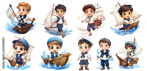 set of cute Sailor Boy Clipart Sticker on transparent isolated Background  PNG  generated ai