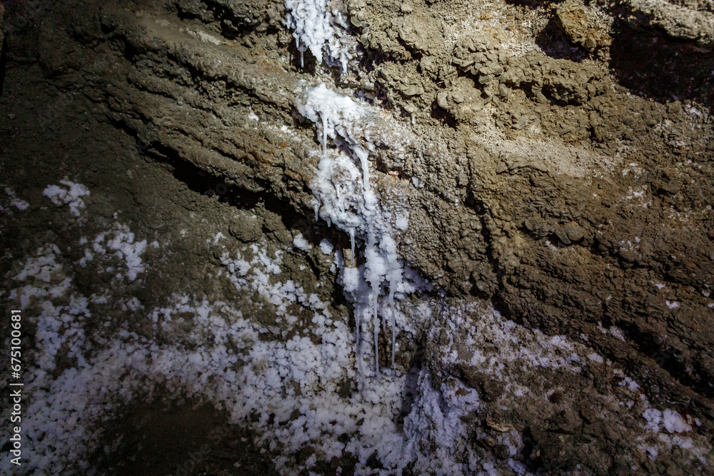 Salt protrudes from the walls of the salt cave Kolonel in Mount Sodom in southern Israel Salt protrudes from the walls of the salt cave Kolonel in Mount Sodom in southern Israel