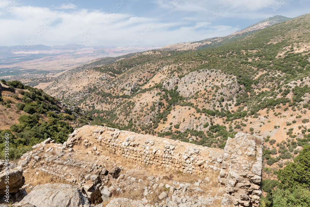 View  of the adjacent gorge from the watchtower in the medieval fortress of Nimrod - Qalaat al-Subeiba, located near the border with Syria and Lebanon in the Golan Heights, in northern Israel