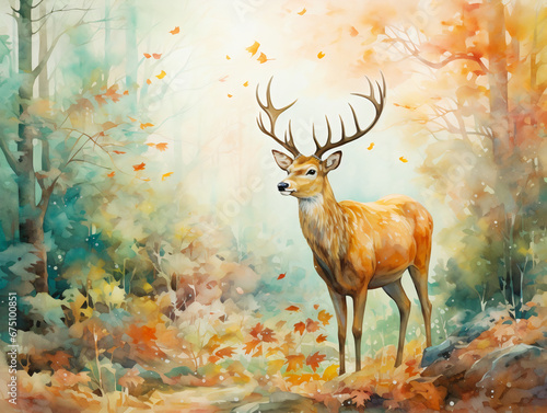 A deer in autumn forest calm and peacful in watercolor and acrylic style