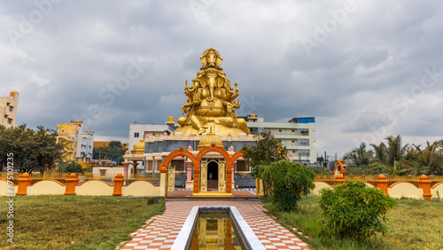 Hindu god, Golden Panchamukhi Ganesh temple in the suburbs of Bangalore city, India.