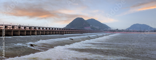 Panoramic view of historic Prakasam barrage on the Krishna river at Vijayawada, India