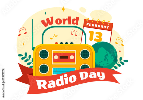 World Radio Day Vector Illustration on 13 February for Communication Media Used and Listening Audience in Flat Cartoon Background Design