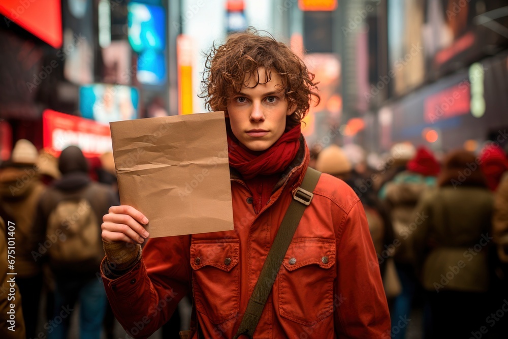 A determined activist stands boldly at a demonstration, gripping an empty cardboard as a symbol of his cause.