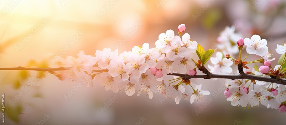 In the beautiful spring garden a cute white cherry blossom tree with delicate branches fills the air with the scent of flowers creating a picturesque bokeh effect making it the perfect wall In the beautiful spring garden a cute white cherry blossom tree with delicate branches fills the air with the scent of flowers creating a picturesque bokeh effect making it the perfect wall