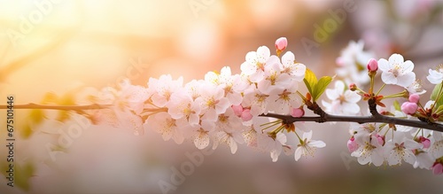 In the beautiful spring garden a cute white cherry blossom tree with delicate branches fills the air with the scent of flowers creating a picturesque bokeh effect making it the perfect wall
