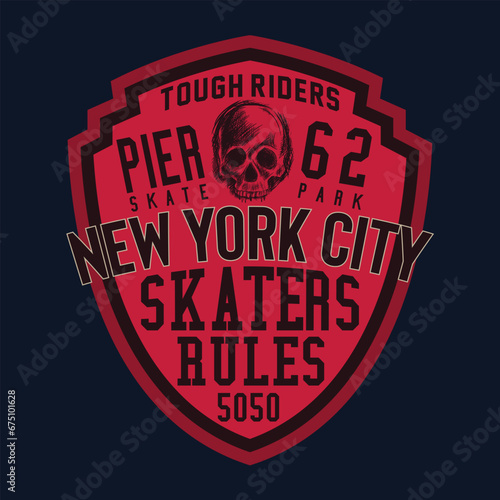 typographic vector illustration of skateboarding and new york theme badge. t shirt graphics