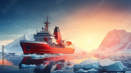 Icebreaker goes on the sea among the blue ice at sunset, aerial view.