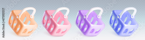 3d empty grocery shop cart basket vector render. Realistic food product bag icon isolated business illustration. Purple, blue, orange and pink shopper container for consumer goods and sale offer