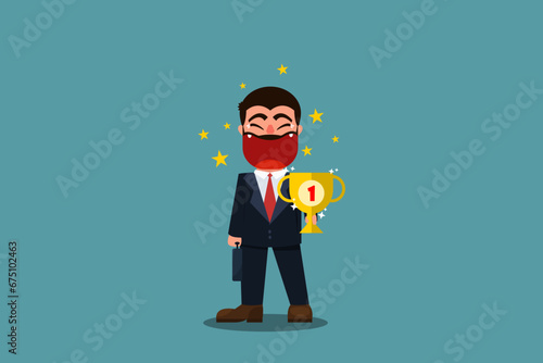 A male businessman is having a lot of joy after receiving a trophy for his achievement in business. The concept of success or achieving business goals. Winner's prize. Vector illustration