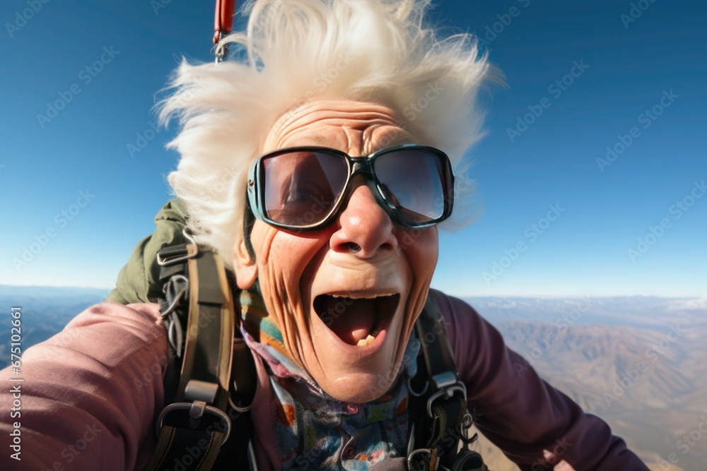 An elderly man is flying in the sky, with an unopened parachute behind him. He's happily smiling, wearing glasses, and has gray hair An elderly man is flying in the sky, with an unopened parachute behind him. He's happily smiling, wearing glasses, and has gray hair