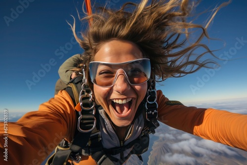 A young woman's face lights up with joy as she screams in exhilaration, her hair flowing freely, a vibrant expression of happiness