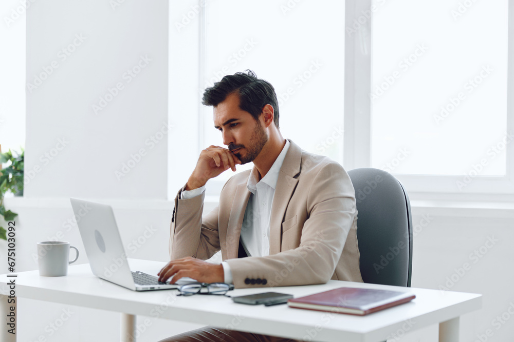 Office man laptop businessman happy business working computer smiling white executive manager sitting Office man laptop businessman happy business working computer smiling white executive manager sitting