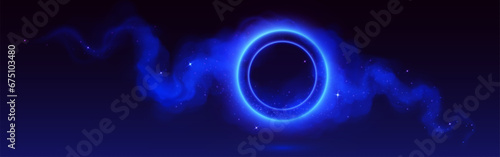Neon blue circle in sparkling cloud of smoke. Vector realistic illustration of round frame glowing in shimmering fog, milky way stars in night sky, illuminated led light border, abstract stardust mist
