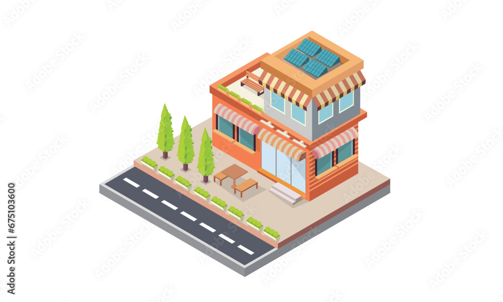 Isometric Modern eco house with solar panels producing electricity on roof.on white background.isometric design. 3D design elements for construction of urban and village landscapes.